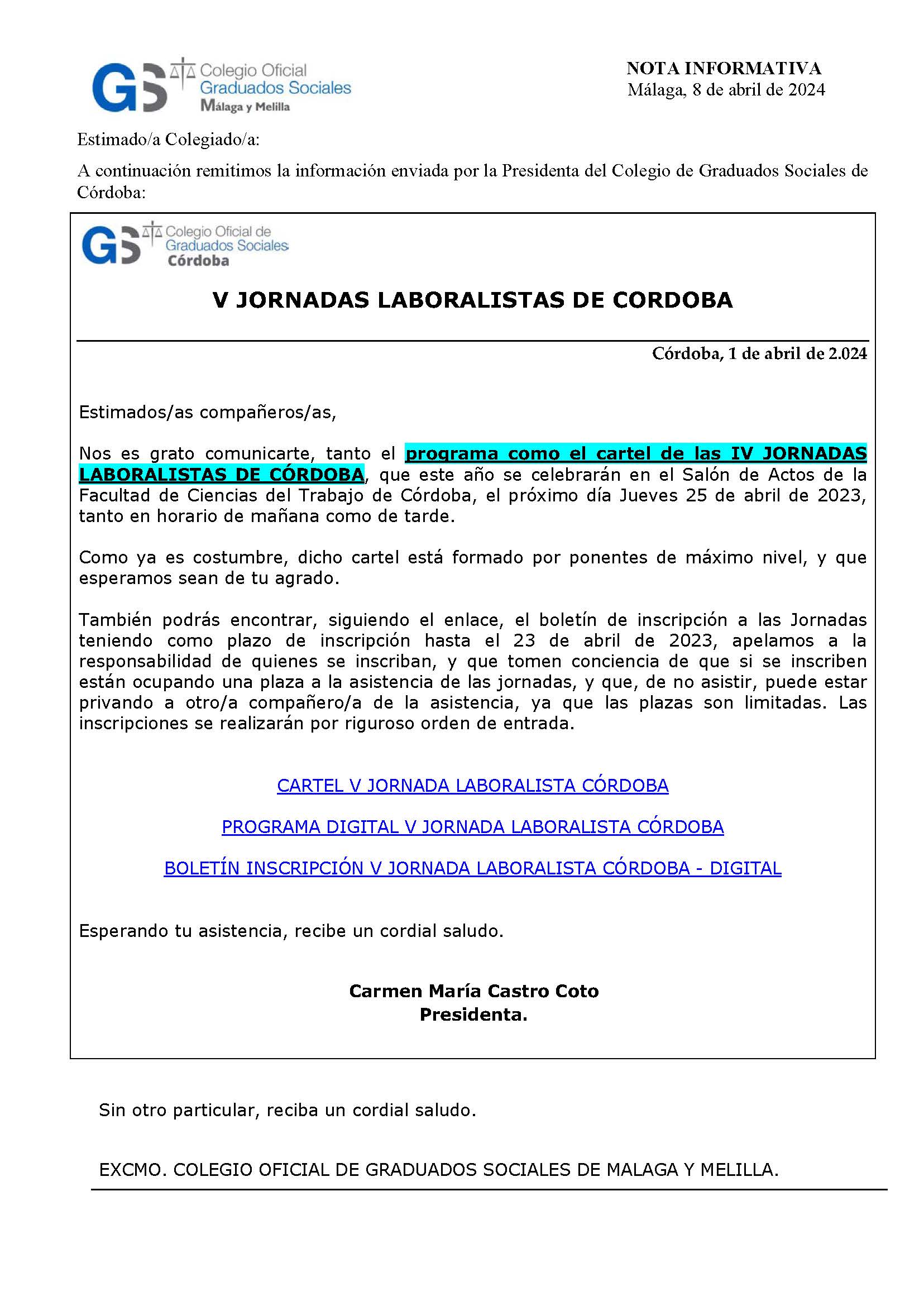 8.04.2024 NOTA INFORMATIVA V JORNADAS LABORALISTAS DE CORDOBA