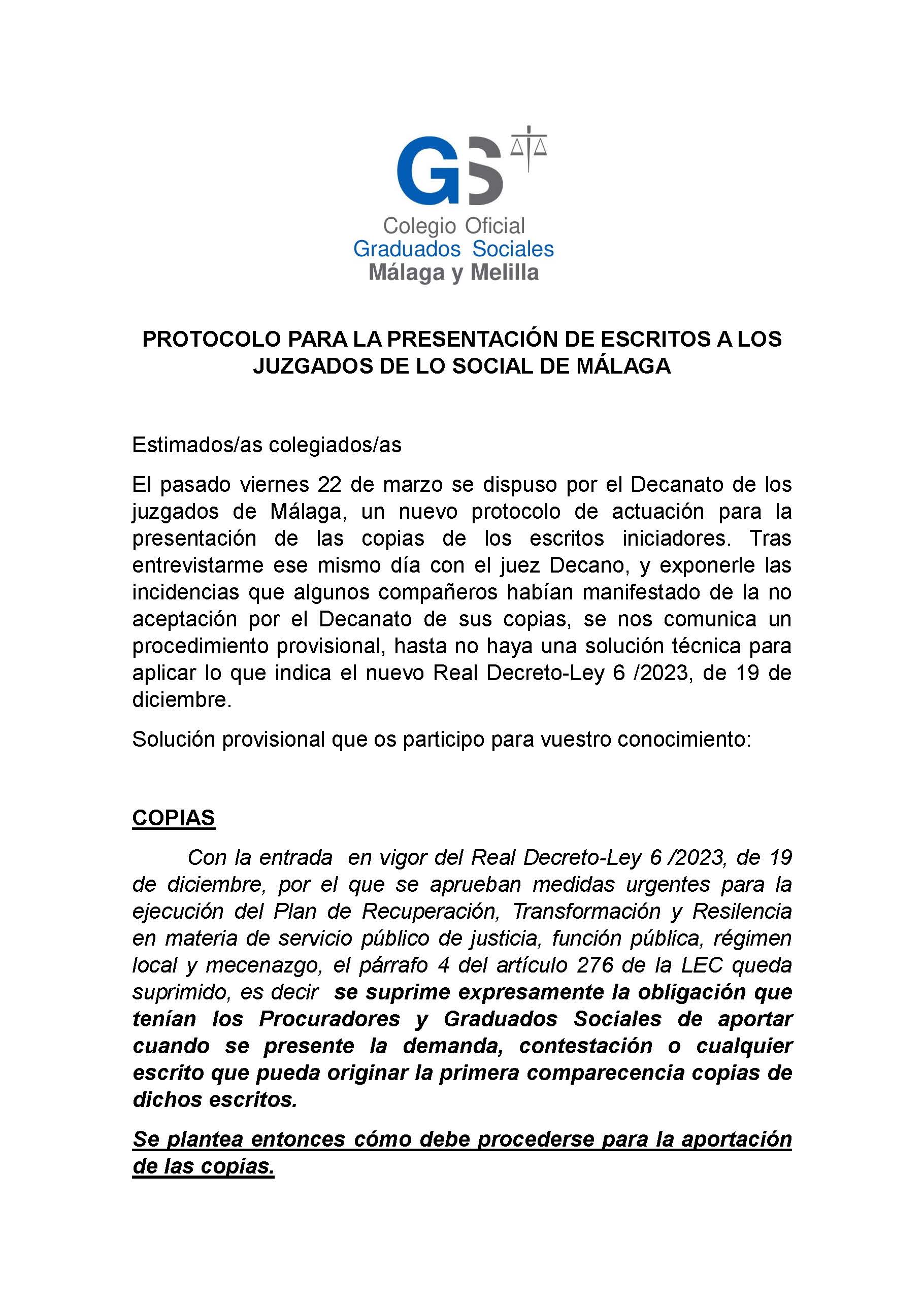 protocolo para la presentación de escritos a los juzgados de Málaga Página 1